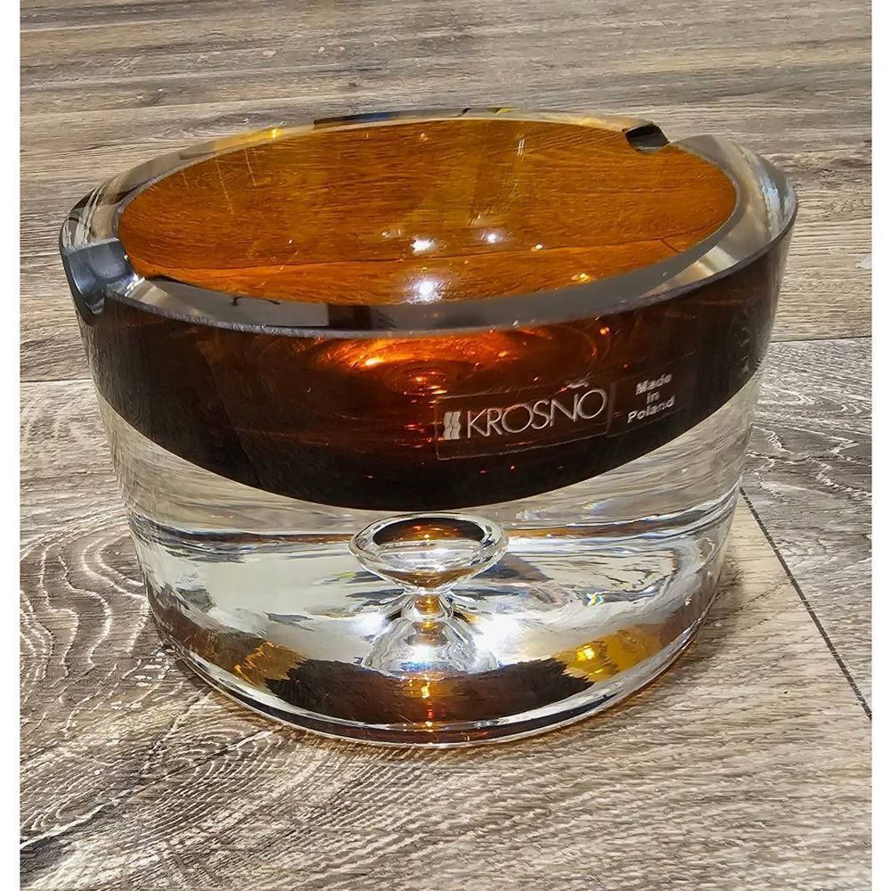 Kronos Vintage Amber Two-toned Handblown Poland Heavy Duty Ashtray Air Bubble
